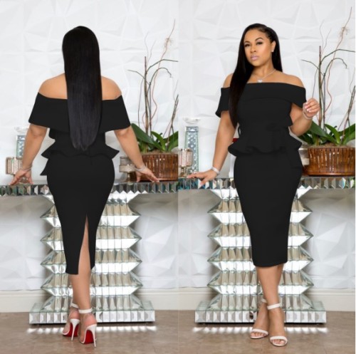 Sexy Off Shoulder Ruffles Jumpsuit with Bodycon Short Skirt Dress Set