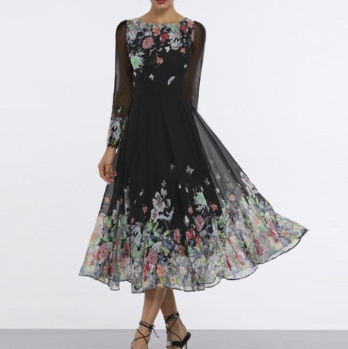 Round Neck  Floral Printed Maxi Dress