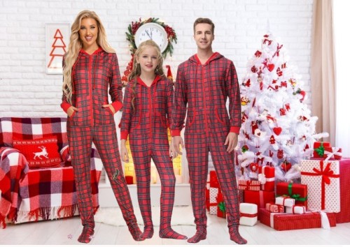 Christmas Family Matching Pajamas Warm Jumpsuit Sleepwear New Year's One-Piece Hooded Zip Clothes