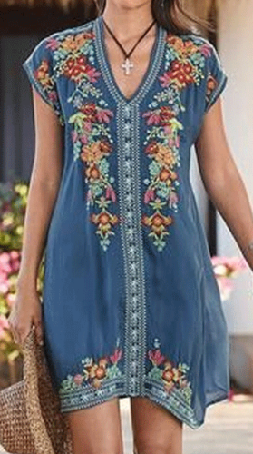 Plus Size Bohemian Embroidery V Neck Mini Dress