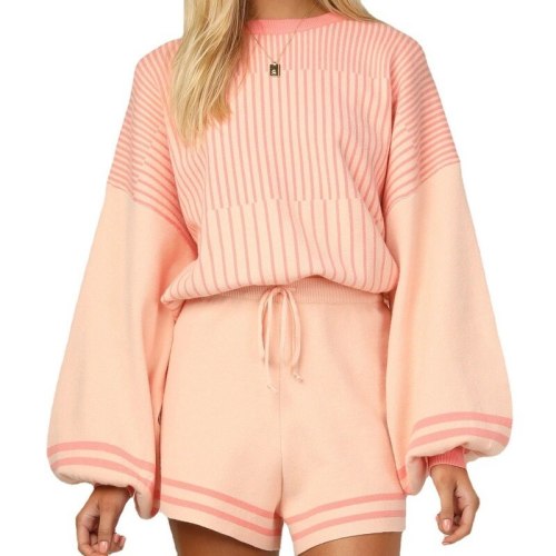 Women's Long-sleeved Sweater Shorts Home Service Two-piece Suit  Flare Sleeve  Drawstring  Loose Aesthetic
