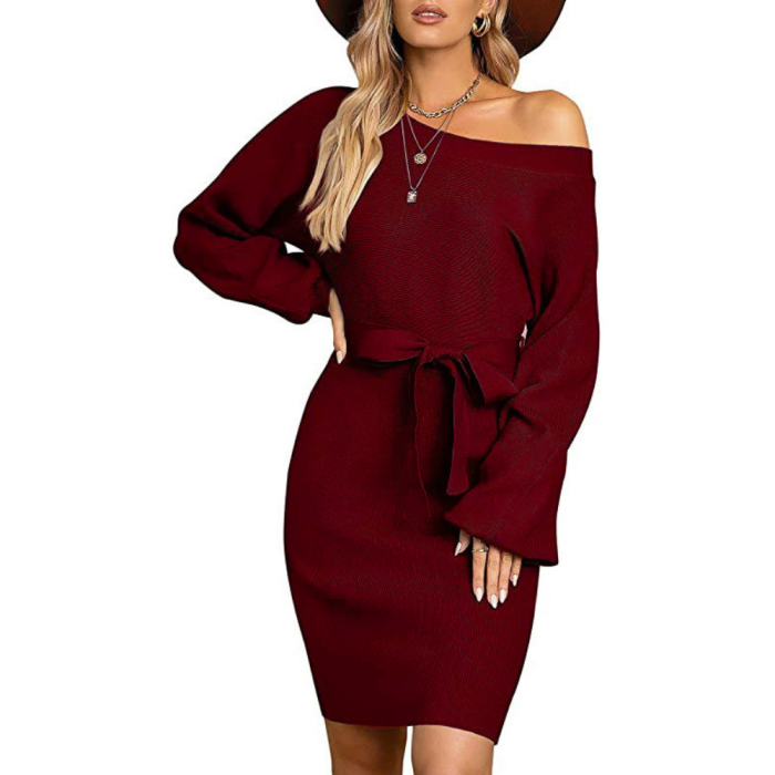 Autumn Winter Bandage Knitted Dress Women Casual Solid Hip Dress