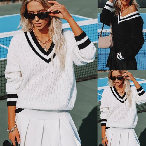 Women's new women's V-neck black and white contrast color loose casual pullover British style sweater, trendy ladies sweater