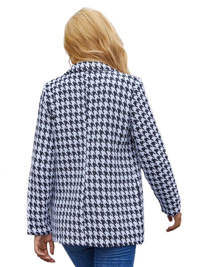 Fashion  Vintage Women Houndstooth Plaid Tweed Jacket Double Breasted Pocket Long Sleeve Female Coat