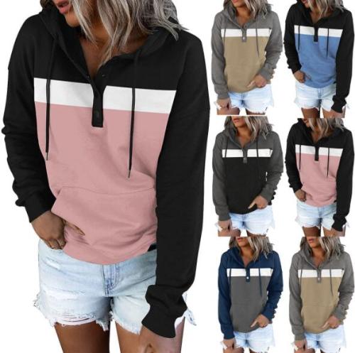 Color Block Hooded Hoodie Women Pullover Drawstring Hooded Hoodies Tops Button Down Long Sleeve Kawaii Pocket Sweatshirts