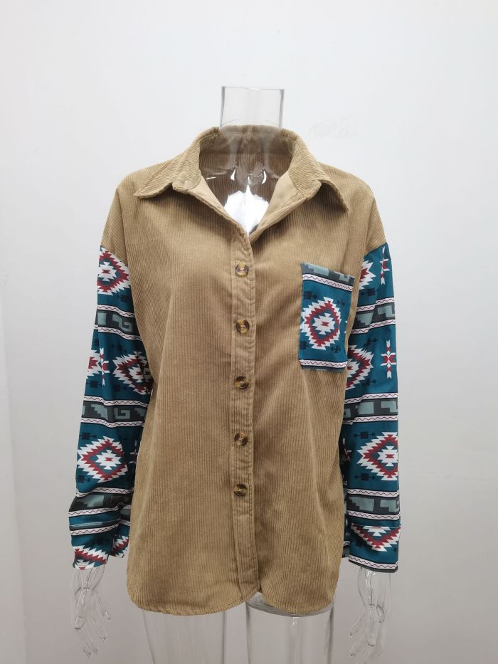 Vintage Jacket Women Splicing Print Long Sleeve Coat Lapel Spring Autumn Loose Single Breasted Short Jackets