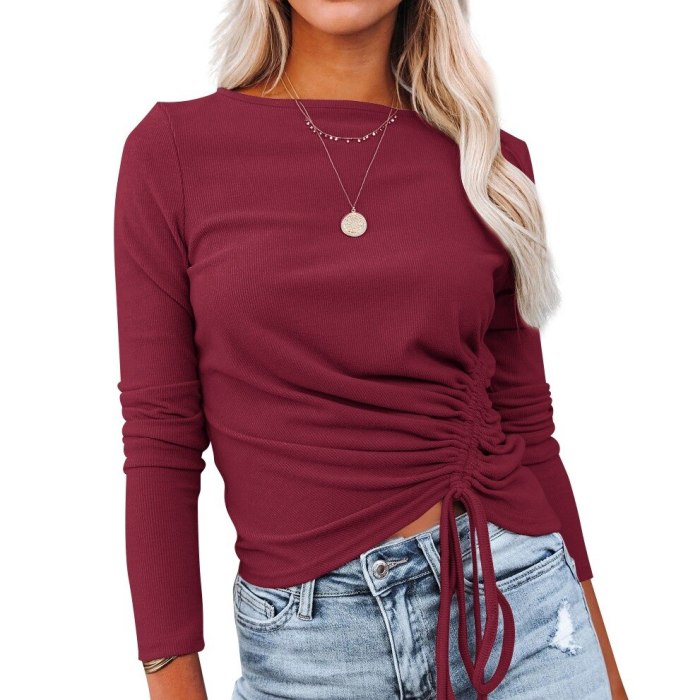 Awasir 2021 Women Fashion Fall Winter New Casual Shirts Round Collar Drawstring Solid Color Top Sweater Long Shirt