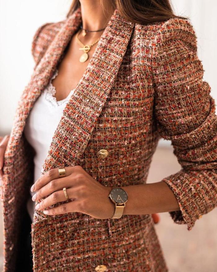 Women's Suit Jacket Autumn Winter Vintage Casual Plaid Lapel Double Breasted Button Blazer Elegant Office Lady Clothing