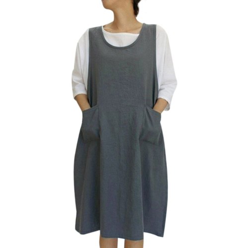 Cotton Tunic Dress Casual Sleeveless Knee-Length With Pockets Japanese Style Pinafore