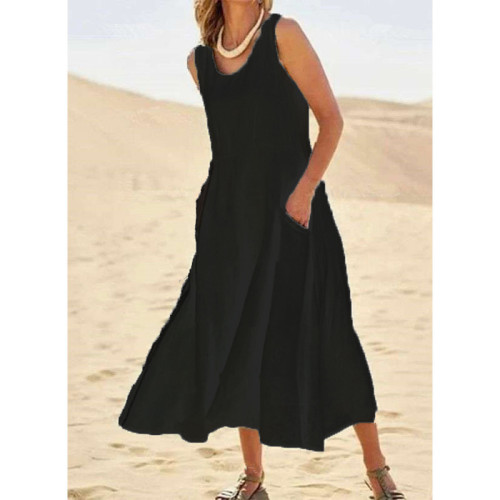 Dresses Ladies Elegent Women'S Casual Solid Cotton Linen A-Line Dress Sleeveless Pocket Loose Dress Casual Daily Streetwear