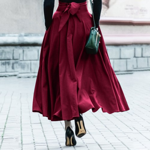 Women Slit Long Maxi Skirt Vintage Ladies Fashion Pleated Flared Pockets  Skirts