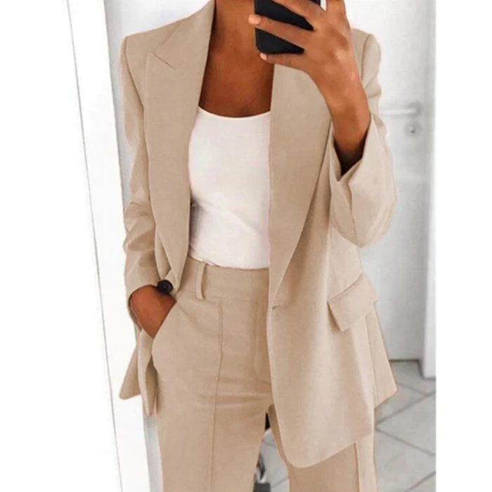 2021 Autumn Solid Blazer Coat Notched Long Sleeve Cardigan Button Casual Jacket Suits Office Lady Black Blazers