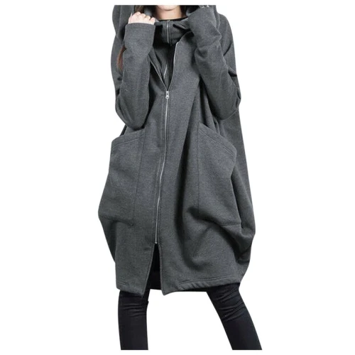 Solid Plus Size Hoodies Women Full Zip Warm Pocket Hoodie Street Wear Ladies Pullovers Long Hooded Jacket Coat Top Sweatshirt
