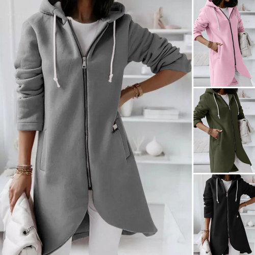 2021 Autumn Stylish Women Solid Hoodies Full Sleeve Sweatshirts Casual Zipper Long Hooded Oversized Coats Female Jackets