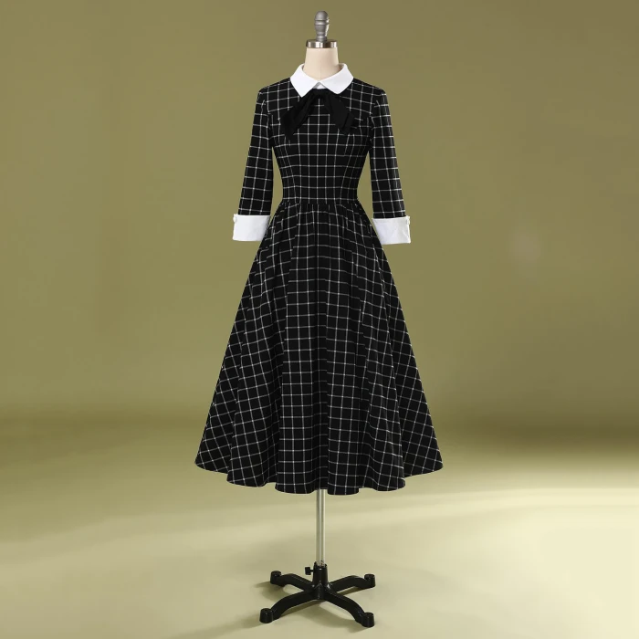 Long Sleeve Winter Black Plaid Vintage Tunic Dress Hepburn Gingham Retro Turn Down Collar Bowknot A Line Rockabilly Swing Dress