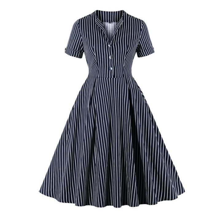 Navy Blue Button Front Striped Vintage Robe Cotton Dresses for Women 2021 High Waist Elegant Pocket Pleated Midi Dress