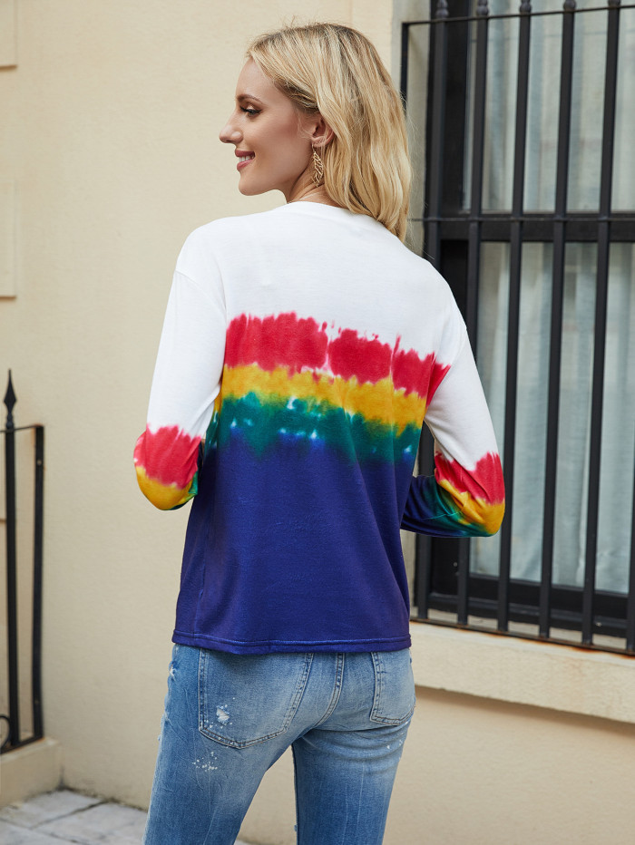 Plus Size 3xl Women New Patchwork T-shirt Ladies Elegant Leisure Casual Tops 2021 Long Sleeve Rainbow Print Tees Shirt Femme