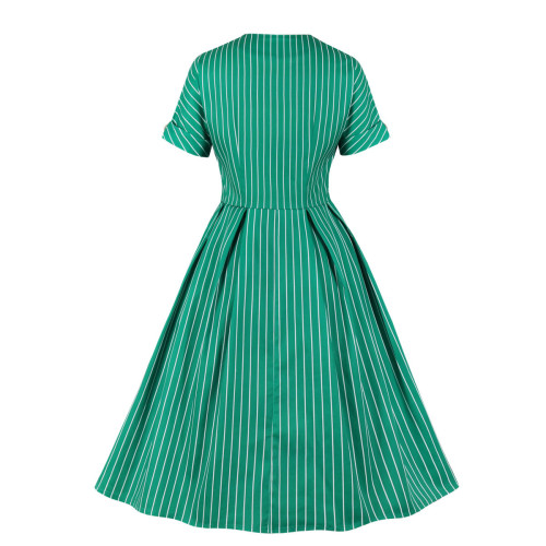 Tonval V Neck Button Up Striped Vintage Clothes Women Short Sleeve Green Elegant Pocket Side A Line Shirt Dress
