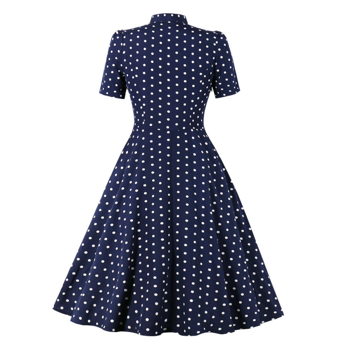 Tonval Bow Tie Neck Button Front Polka Dot Pinup 50s Vintage Shirt Dresses Women A-Line Summer Female Elegant Blue Dress