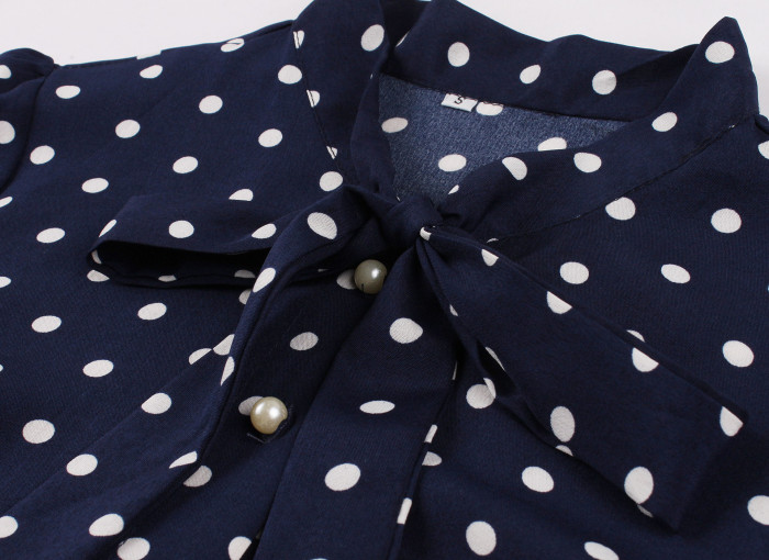 Tonval Bow Tie Neck Button Front Polka Dot Pinup 50s Vintage Shirt Dresses Women A-Line Summer Female Elegant Blue Dress