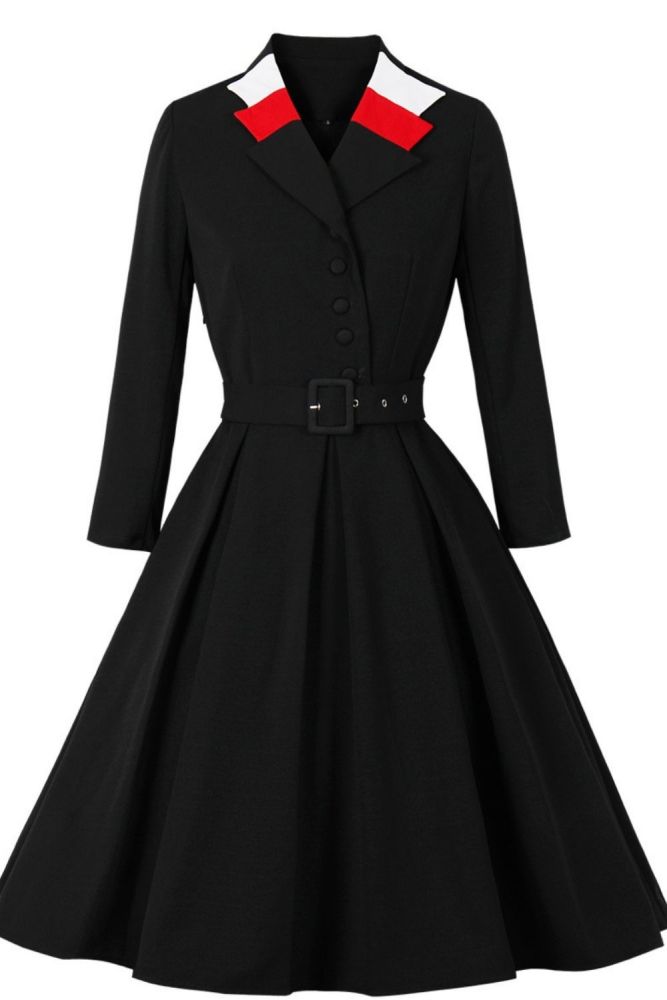 Tonval Color Block Notched Collar Button Up Belted Pleated Winter Dress Women Black Elegant Autumn Clothes Slim Vintage Dresses