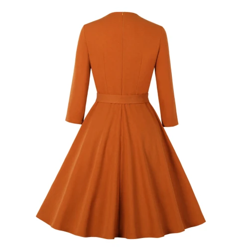Office  Vintage Dress With Bow Neck Women Costume Autumn Spring Midi Party Sundress Lady Casual Long Sleeve Dresses Mujer