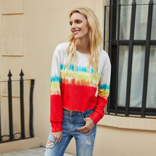 Oversized S-5XL Tie Dye Rainbow Striped Printed T-shirts Casual Autumn O-Neck Long Sleeve Loose Tee Tops Streetwear