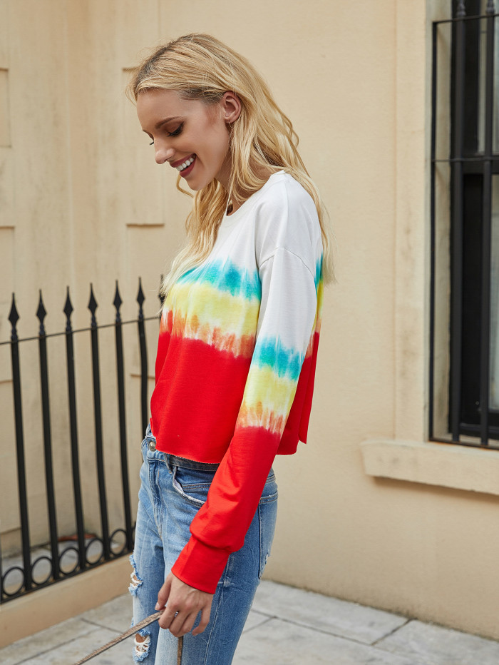 Oversized S-5XL Tie Dye Rainbow Striped Printed T-shirts Casual Autumn O-Neck Long Sleeve Loose Tee Tops Streetwear