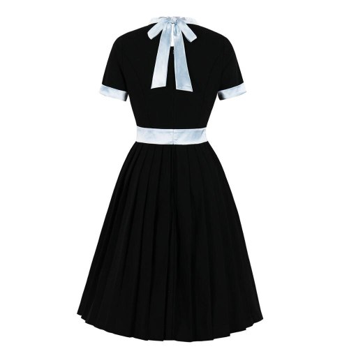 Stand Collar Bow Woman Dress VD1636 Black Blue Patckwork navidad Dresses for Women 2021 robe femme