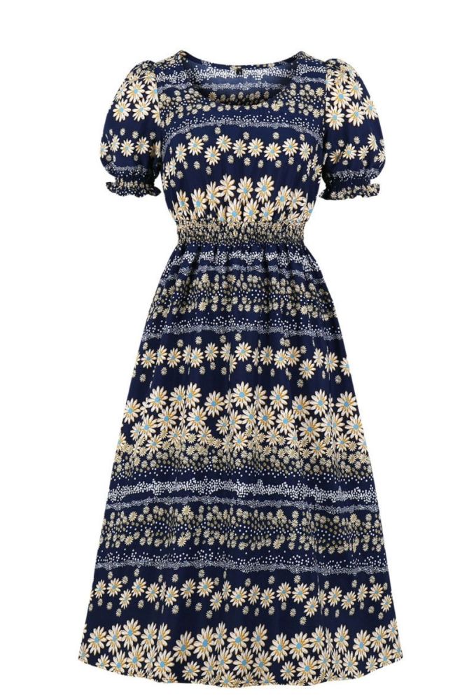 Puff Sleeve Vintage Elastic Waist Midi Long Dress  Women High Waist Floral Print Casual Dresses Female 2021 New