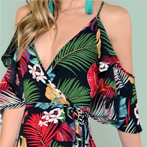 Women Bohemian Floral Print Sexy Deep V Off Shoulder Maxi Dress Female Summer Beach Vacation Surplice Wrap Dresses Plus Size
