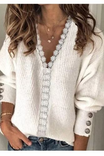 2021 Autumn And Winter New Pullover Lace Stitching V-neck Women's Loose Long-sleeved Solid Color Knitted Sweater Casual Office