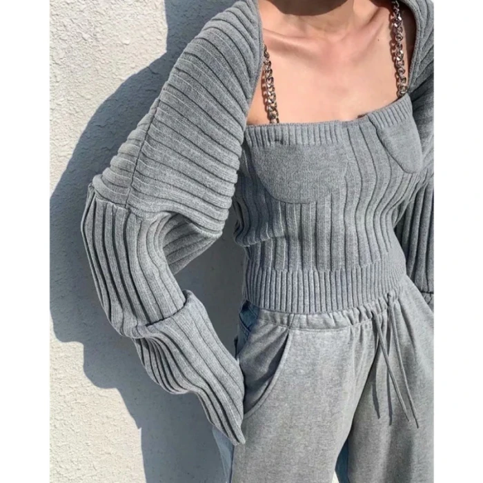 2021 New Women Fashion Slim Solid Color Long Sleeve Chain Suspender Knitted Vest And Cardigan Two-piece Autumn Winter