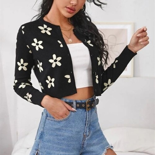 Omchion Casaco Feminino 2021 Korean New O Neck Long Sleeve Flower Embroidery Sweater Coat Women Casual Chic Y2K Knitted Cardigan