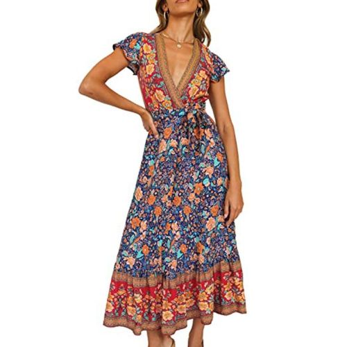 Bohemian Print Lace Up Elegant And Fashionable Maxi Dresses