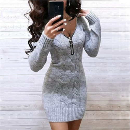 Sexy V Neck Zipper Solid Long Sleeve Warm Sweaters Dress