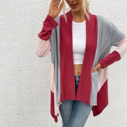women Long Sleeve tops Three-color contrast Patchwork modal cardigan