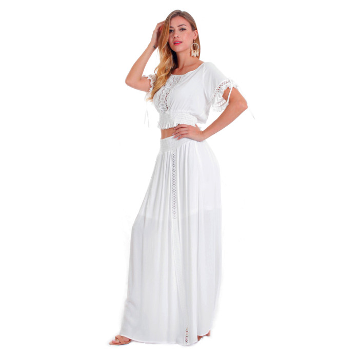 2021 Summer Women Long Chiffon Dress White Lace Sexy Maxi Tunic Beach Dress Holiday Clothes