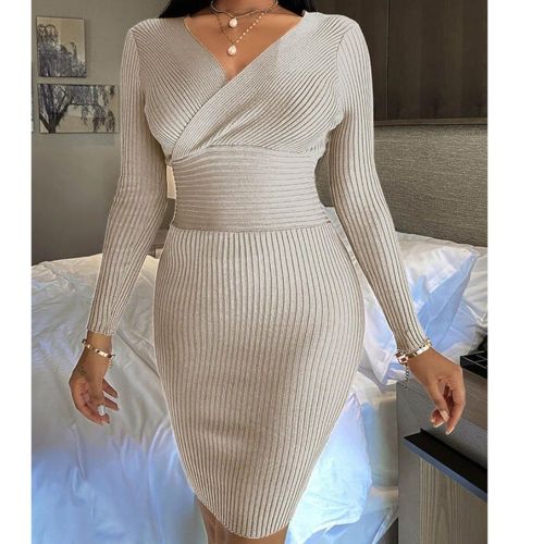 Bodycon Dress Winter Package Hip Ribbed Dress Knitted Robe Black Sexy Mini Women 2021 V-neck Autumn Dresses Sheath Lady