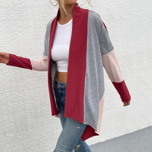 women Long Sleeve tops Three-color contrast Patchwork modal cardigan