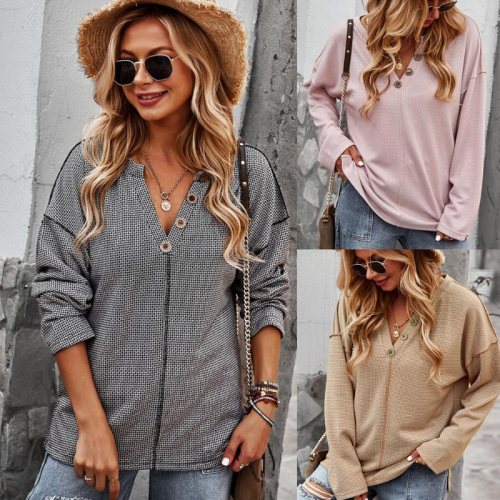 2021 New Autumn Casual Knitted Loose Sweater  Women Solid Thin Sweaters Pullovers Women Lady Button V-Neck Pull Jumpers Shirt