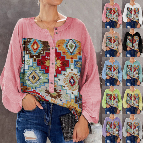 Cotton Linen vintage Loose Shirts for Women V-neck floral print