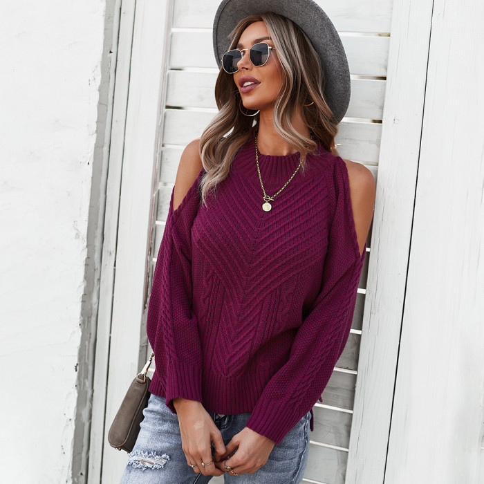 Autumn Winter Solid Color Off Shoulder Pullover Sweater Women 2021 New Long Sleeved Thick Stitch Knitted Tops