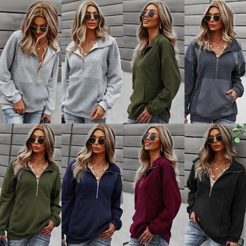 Fashion Solid Color Long-Sleeved Casual Loose Zipper Turndown Collar Pullover Clothing