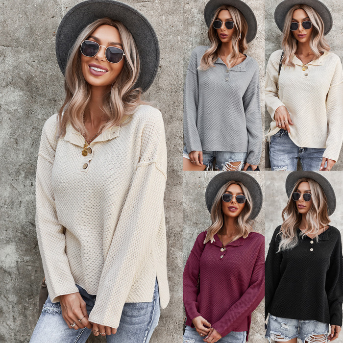 Women Casual Loose Sweater Autumn Winter Female Long Sleeve Knitted Pullovers Black Sweaters Femme Buttons V-Neck Tops