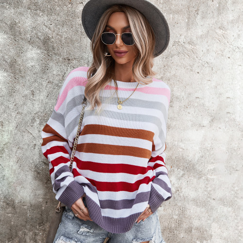 2021 Trend Striped Knitting Shirt Rainbow Sweater Mujer Long Sleeve Knitted Top Pullover Tricot Blouse Loose Waist Pulsweetheart