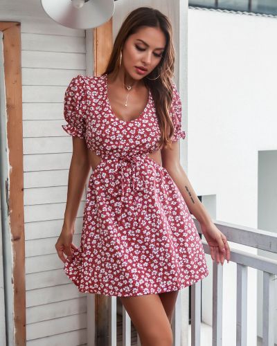 Mini Dresses for Women 2022 Hollow Out Floral Print Lace Up Beach Dress Sexy Casual Vintage Boho Puff Sleeve  Sundress