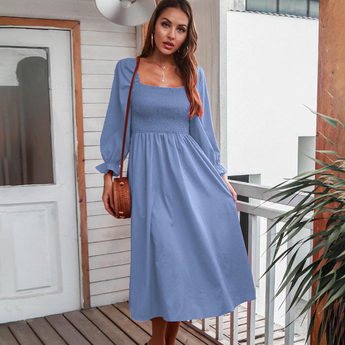 Casual Women's Solid Flared Long Sleeve Midi Dress 2022 Autumn Fashion Square Collar Big Swing Dresses Sexy Backless Women Dress