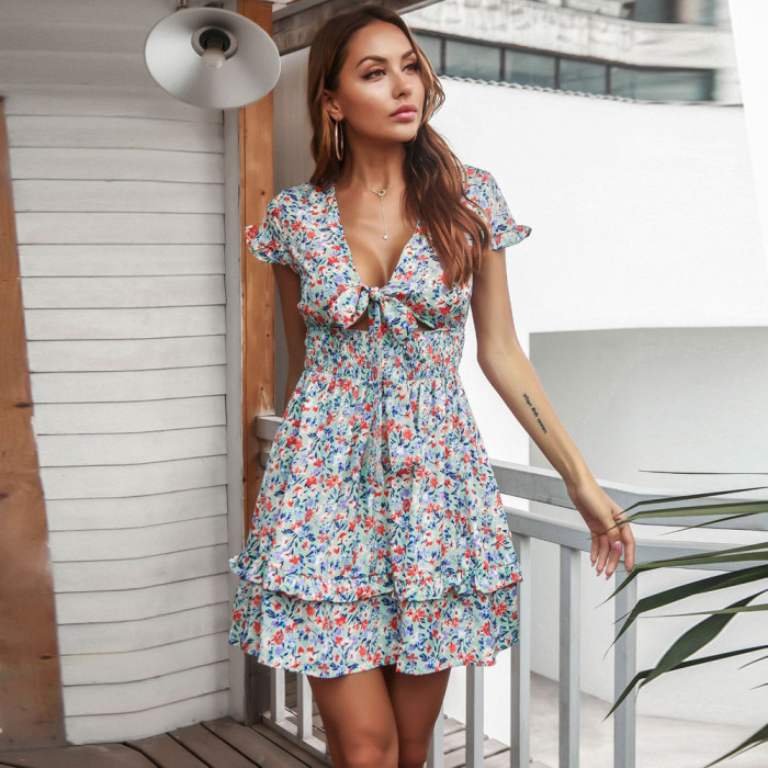 Summer Fashion Beach Dress for Women Holiday Party Floral Print Mini Dress Sexy Deep V-neck Women Clothing 2022