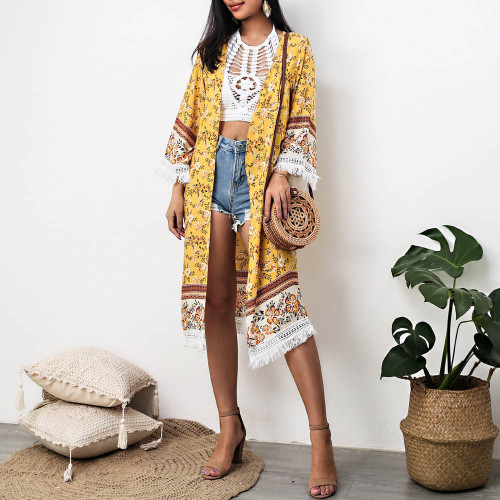 Long Tassel Long Kimono Floral Print Loose Cardigan Summer Coat Fashion Casual Beachwear Holiday Beach Blouse Yellow 2022